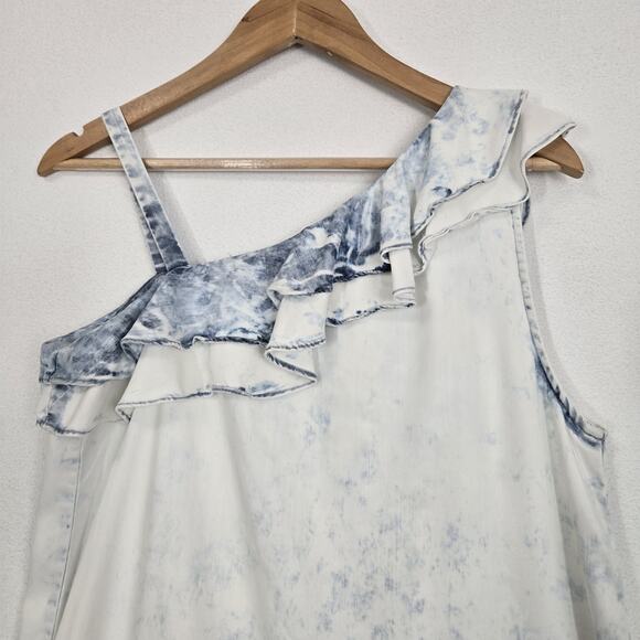 Anthro Holding Horses Dress XS Acid Wash Chambray Ruffle One Shoulder Tie Dye - Picture 6 of 11